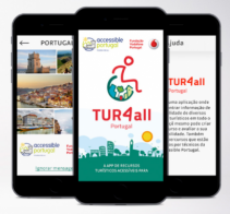 3 ecrãs de smartphone com vistas da aplicação móvel TUR4all Portugal